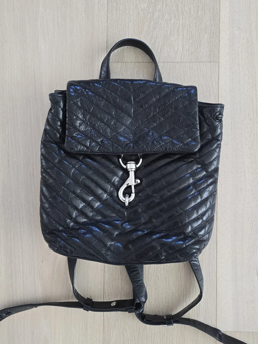 Rebeccca Minkoff Black Quilted Real Leather Backpack Bag Purse Chevron